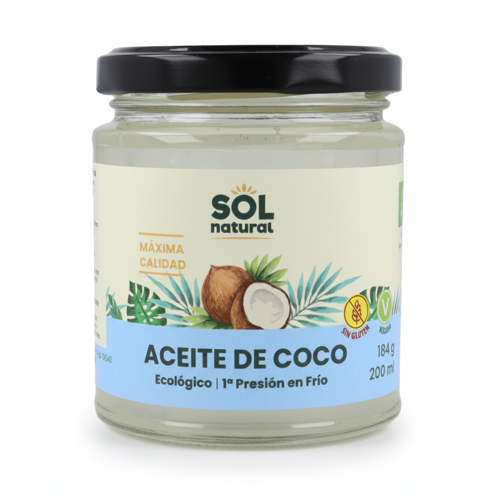 Aceite de Coco Virgen Extra Ecológico Sol Natural - 200 ml | Prensado en Frío | Multi-usos