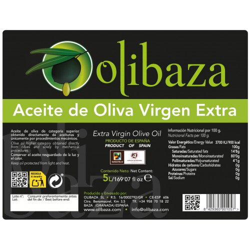 Aceite de Oliva Virgen Extra Olibaza - Garrafa 5L | Variedad Picual | Prensado en Frío | Máxima Calidad - Imagen 2