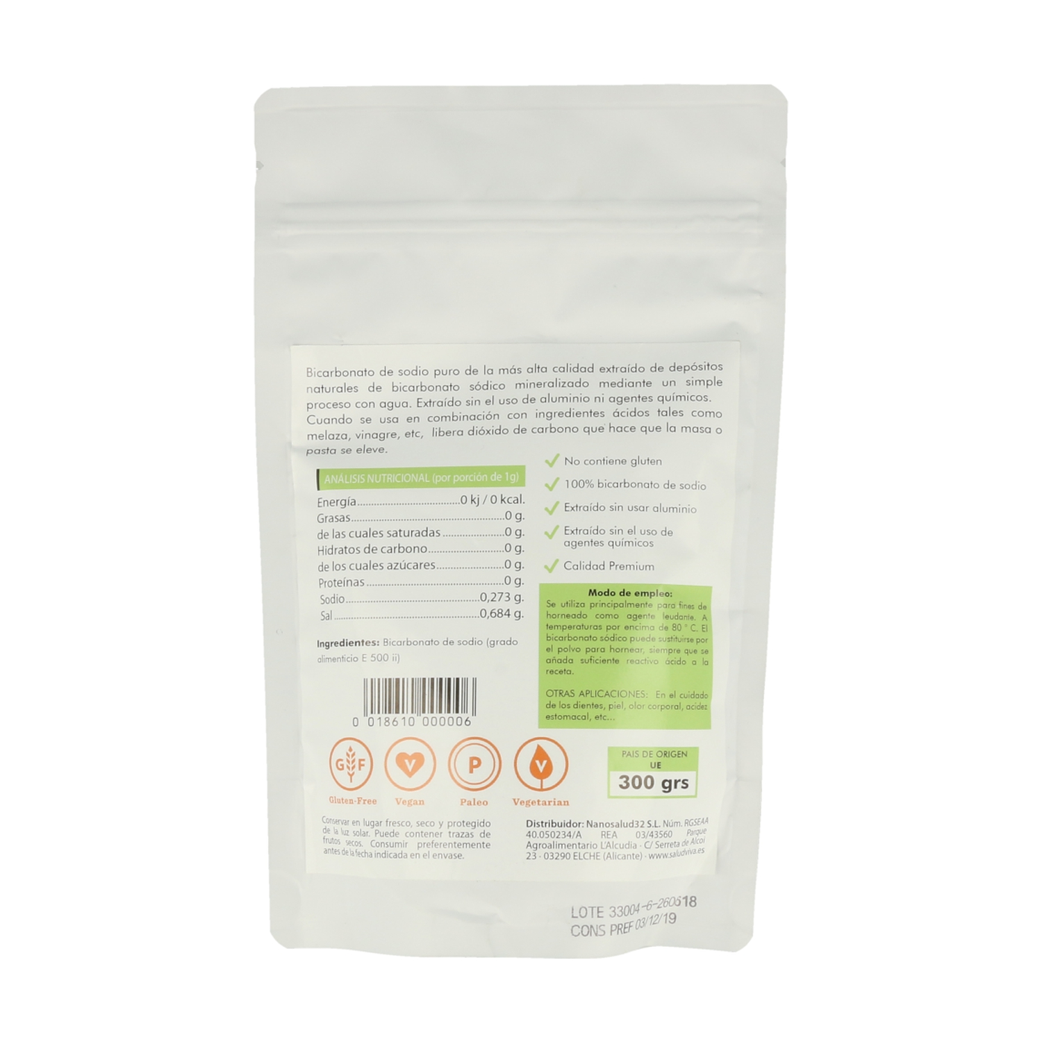 Bicarbonato de Sodio Premium Salud Viva - 300g | 100% Puro y Sin Aluminio | Uso Alimentario, Cosmético y Limpieza - Imagen 3