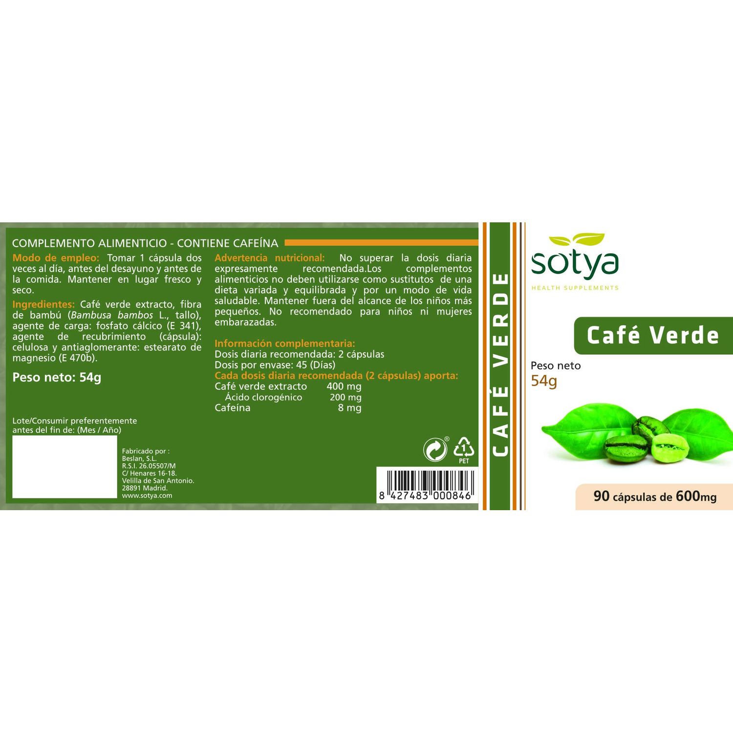 Café Verde Sotya 45% Ácido Clorogénico | Quemagrasas Natural y Control del Apetito - Imagen 4