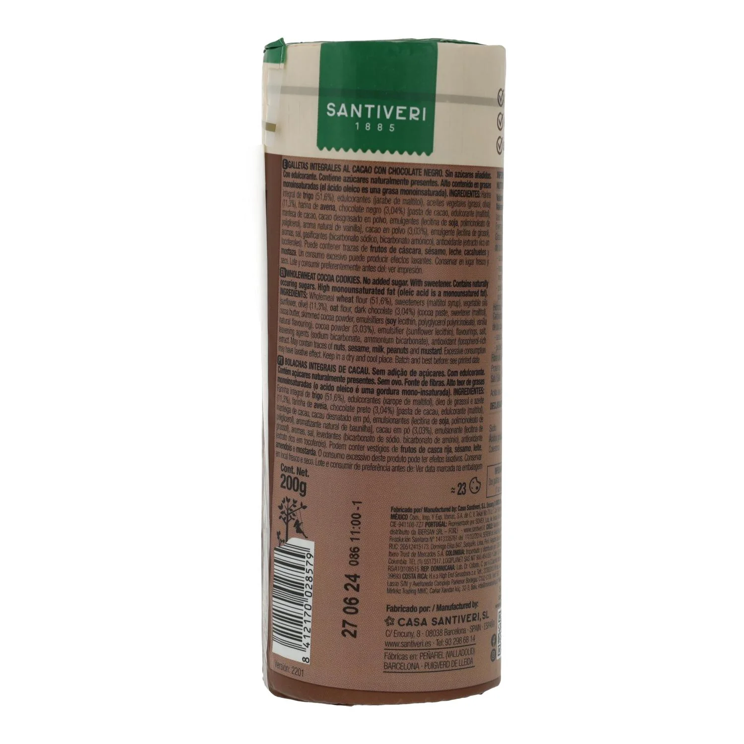 Galletas Integrales de Cacao 0% Azúcares Añadidos 190g - Santiveri | Veganas, Sin Lactosa, Ricas en Fibra - Imagen 3