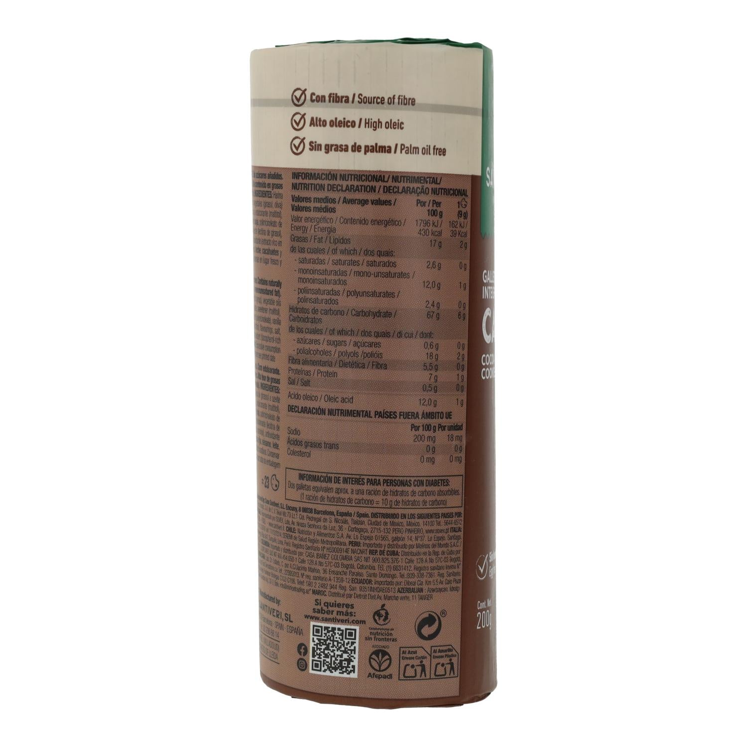 Galletas Integrales de Cacao 0% Azúcares Añadidos 190g - Santiveri | Veganas, Sin Lactosa, Ricas en Fibra - Imagen 2