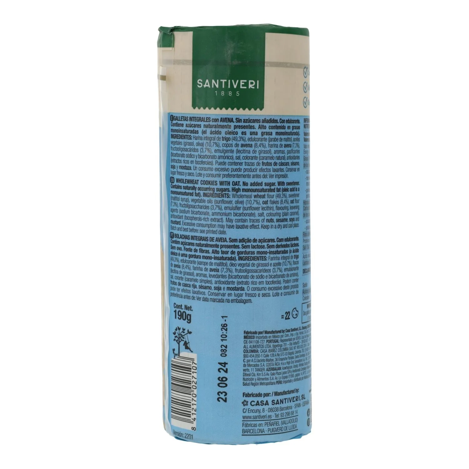Galletas Integrales de Avena 0% Azúcares Añadidos 190g - Santiveri | Sin Lactosa, Ricas en Fibra, Sin Colesterol - Imagen 2