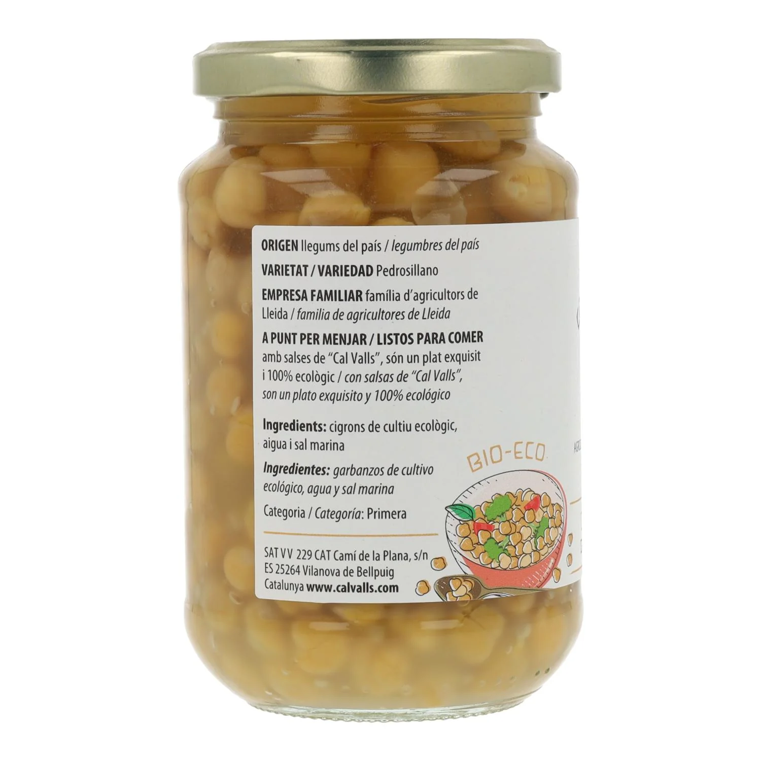 Garbanzos Cocidos Ecológicos Cal Valls - 450g | Variedad Pedrosillana | En Tarro de Cristal - Imagen 3