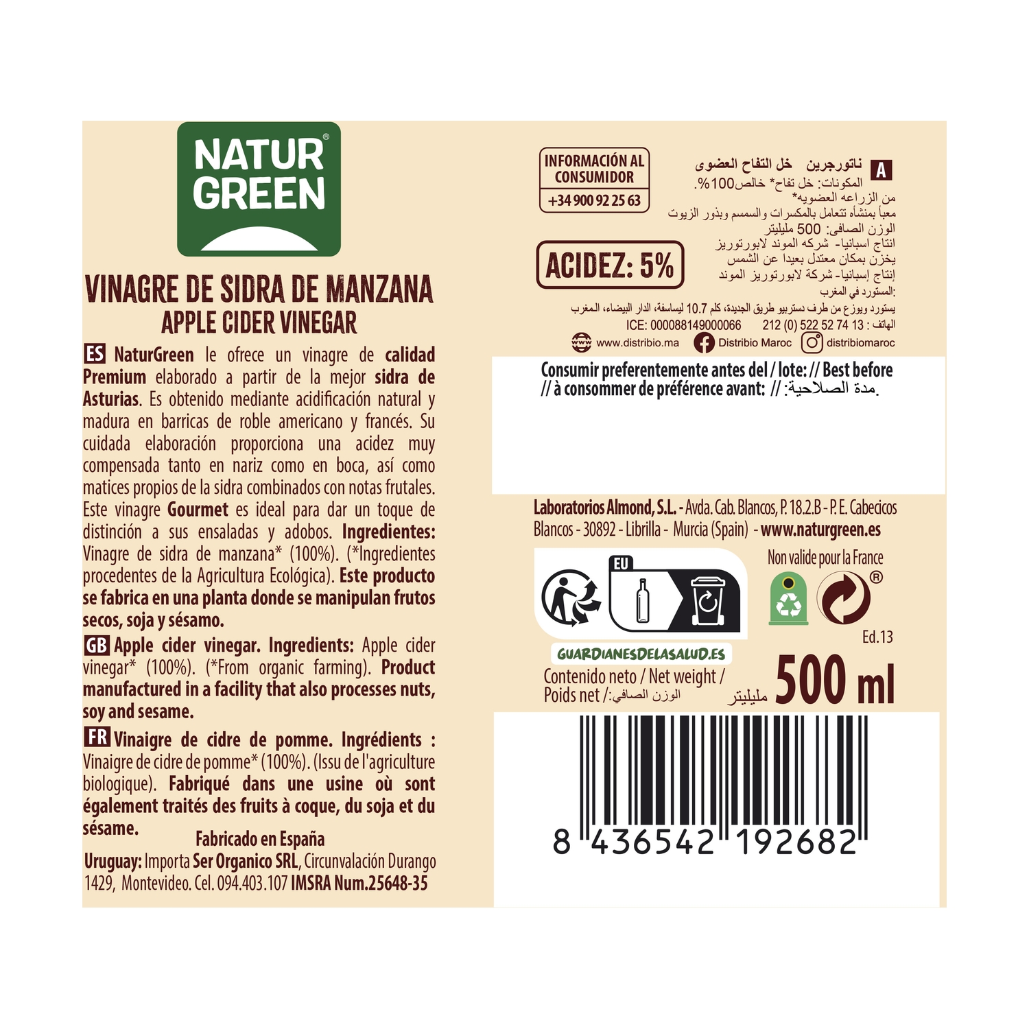 Vinagre de Sidra de Manzana Ecológico Naturgreen - 500 ml | Con la Madre | Sin Filtrar | Probiótico Natural - Imagen 3