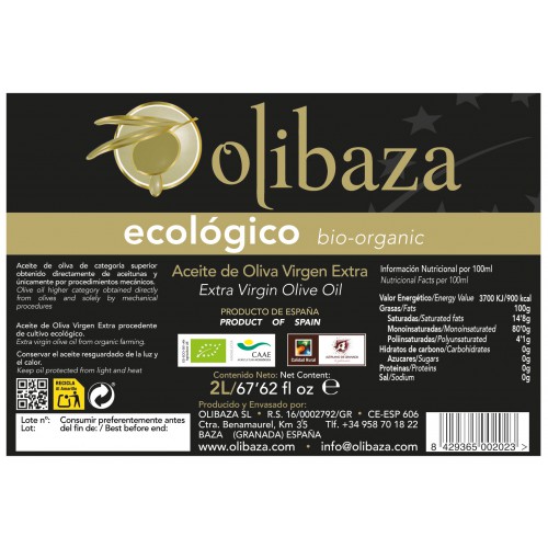 Aceite de Oliva Virgen Extra Ecológico Olibaza - 2L | AOVE Bio Picual | Prensado en Frío - Imagen 3