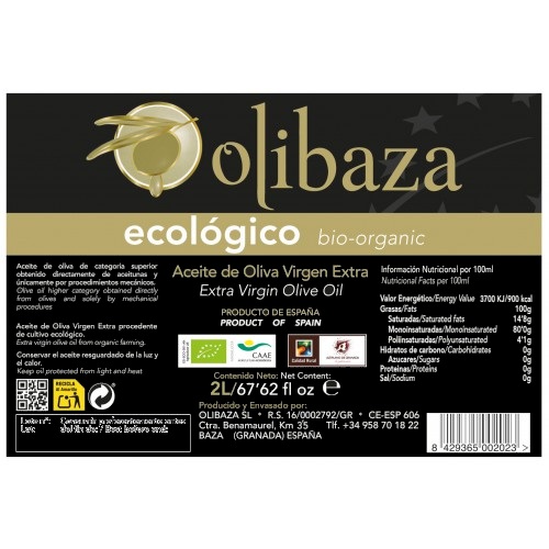 Aceite de Oliva Virgen Extra Ecológico Olibaza - 2L | AOVE Bio Picual | Prensado en Frío - Imagen 3